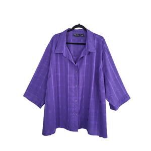 Maggie Barnes Purple Plaid Button Front Blouse 5X 3/4 Sleeve Tank Inset Top Work